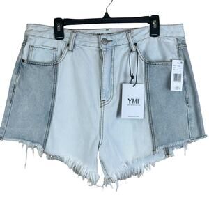YMI Color Block Shorts Women Size 31  High Rise Two Tone Blue Frayed Hem Denim